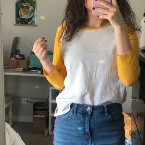 3/4 sleeve white and yellow baseball tee